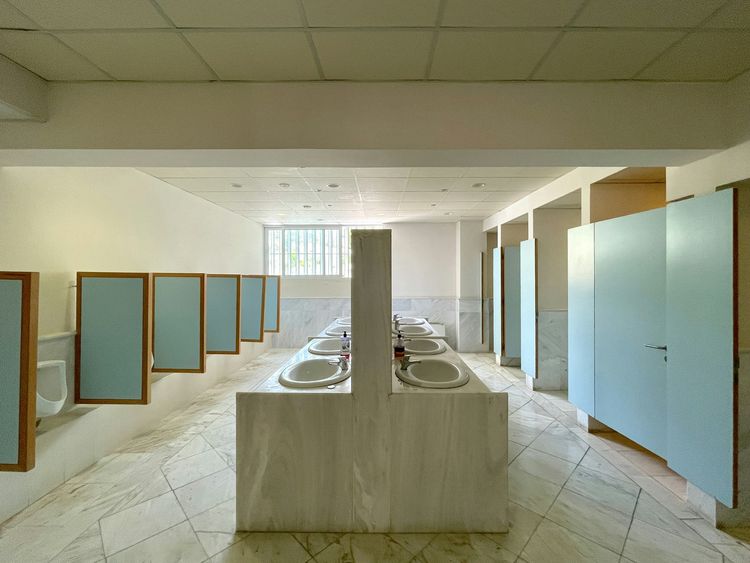 Row of basins in a commercial washroom